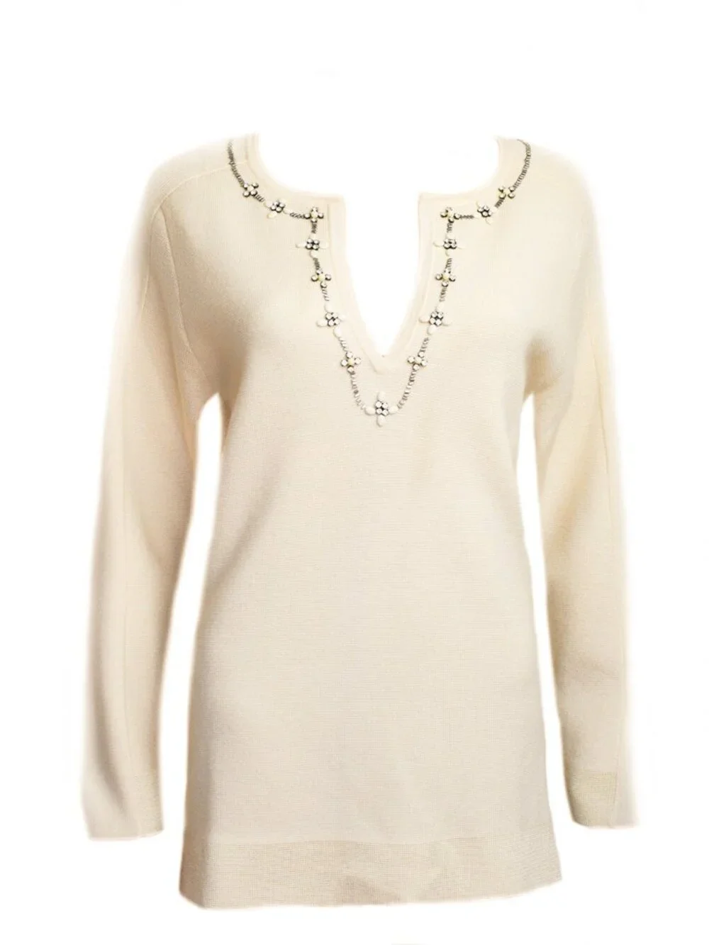 Tory Burch Women’s Pullover Merino Sweater Jeweled Split V-Neck Size L NEW